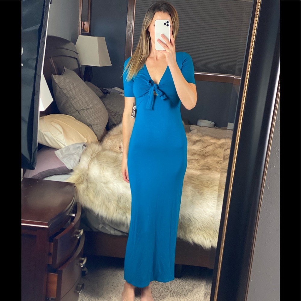 Express Teal Blue Tie Front Maxi Dress Short Sleeve XS New with Tags